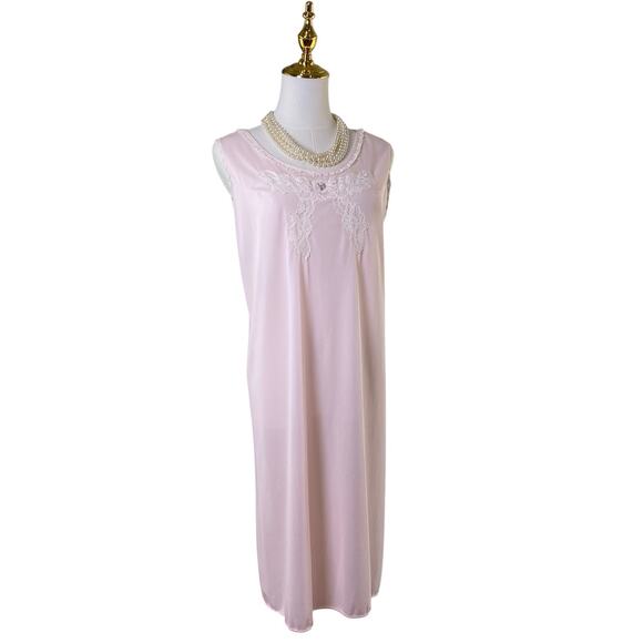 Vintage 60s Pastel Pink Nylon Lace Appliqué Chemise Nightgown Women's Size M/L - Picture 4 of 12